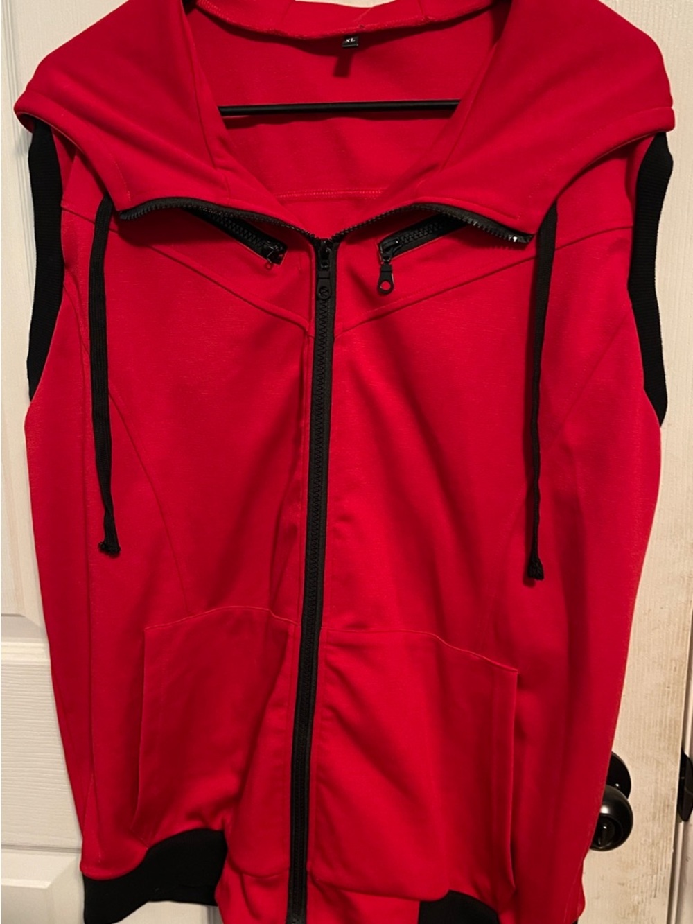 Red Sleeveless Zip Hoodie with Black Trim